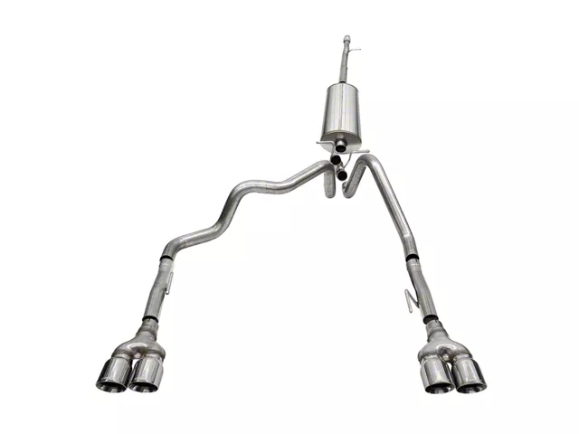 Corsa Performance cat-back exhaust system for a pickup truck, featuring mandrel-bent dual exhaust piping, a straight-through muffler, and quad polished exhaust tips designed to improve exhaust flow and produce a performance exhaust note.