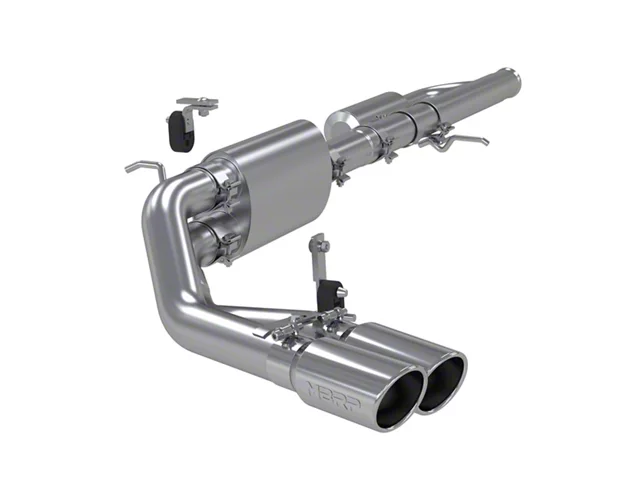 MBRP cat-back exhaust system for a pickup truck, featuring mandrel-bent stainless steel tubing, a performance muffler, and dual polished exhaust tips designed to improve exhaust flow, horsepower, and exhaust sound.