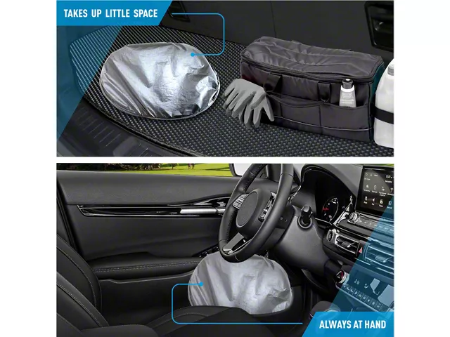 Compact foldable windshield sunshade shown stored in a vehicle cargo area and placed between the front seats, highlighting its space-saving design and easy accessibility.