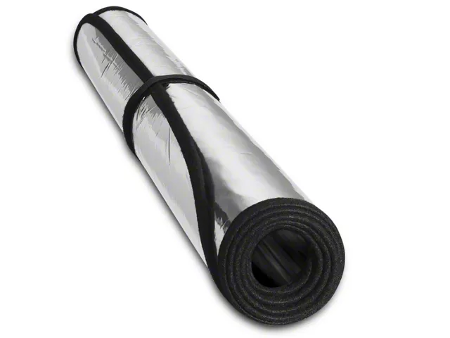 Roll-up reflective windshield sunshade with foam backing and storage strap, designed to block sunlight and reduce heat buildup inside a vehicle.