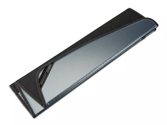 Accordion-style reflective windshield sunshade with a foldable design, providing full windshield coverage while folding flat for convenient storage.