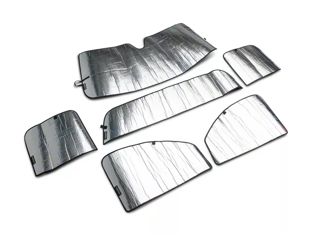 Complete set of custom-fit reflective window sunshades for a pickup truck, including windshield, side window, and rear window panels for full-cabin sun protection.