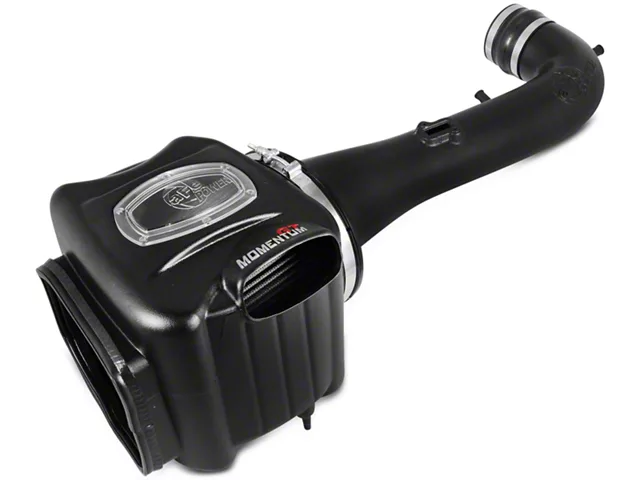 aFe Momentum enclosed cold air intake system for a pickup truck, featuring a high-flow air filter, sealed intake housing with a clear inspection window, and a molded intake tube designed to improve airflow and engine performance.