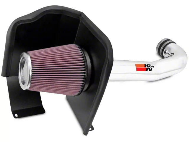 K&N cold air intake system for a pickup truck, featuring a high-flow conical air filter, polished aluminum intake tube, and heat shield designed to improve airflow and engine performance.