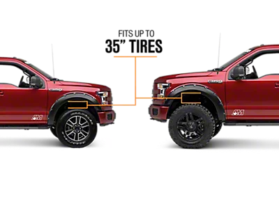 Comparison of two lifted Ford F-150 trucks illustrating tire clearance, showing how a suspension lift allows fitment of up to 35-inch tires.