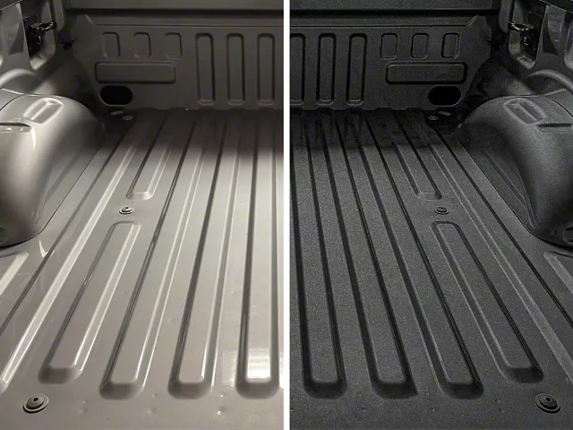 Side-by-side comparison of a bare truck bed and a spray-in bed liner, highlighting the textured protective coating that helps resist scratches, dents, and corrosion.