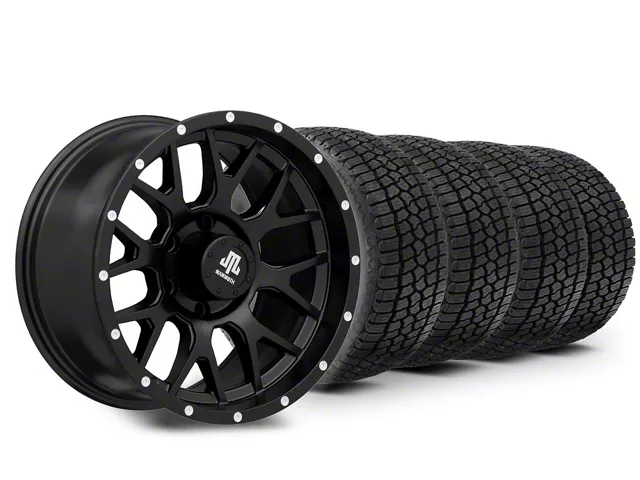 Black Mammoth beadlock-style wheel and Milestar Patagonia all-terrain tire package for a Ford F-150, featuring a matte black 17-inch wheel with simulated beadlock accents.