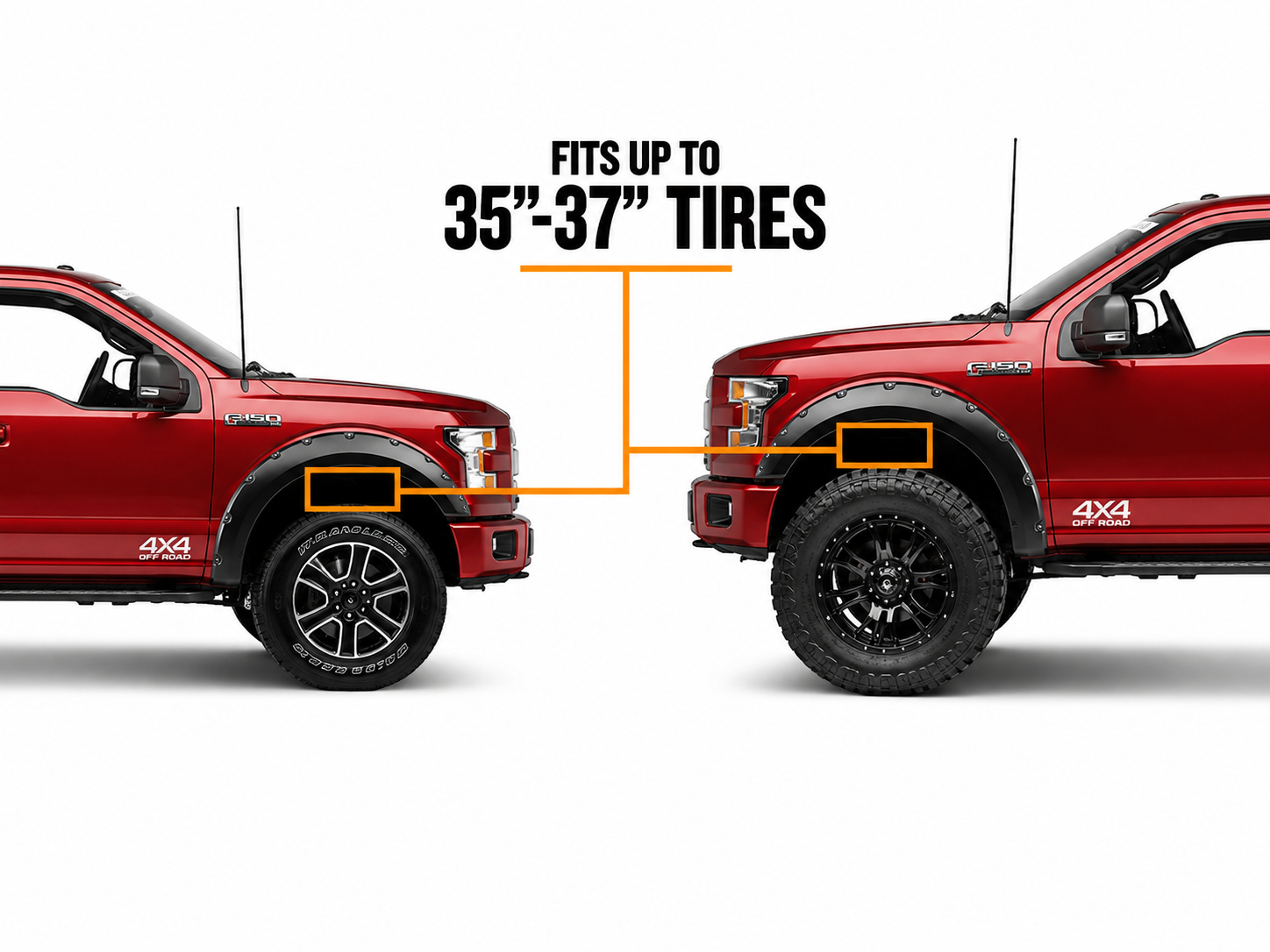 Comparison of stock and lifted Ford F-150 trucks illustrating tire clearance, showing how a suspension lift allows fitment of 35- to 37-inch tires.