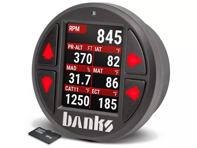 Banks iDash SuperGauge digital performance gauge for a pickup truck, featuring a full-color display that monitors real-time engine parameters, diagnostics, and vehicle performance data.