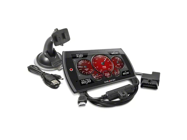 DiabloSport touchscreen performance tuner for a pickup truck, featuring a color display, OBD-II connection, and real-time engine monitoring for custom tuning and diagnostics.
