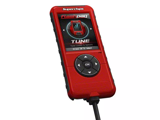 Superchips Flashpaq handheld truck tuner with a color display, designed to optimize engine performance, towing capability, and fuel economy through custom tuning.
