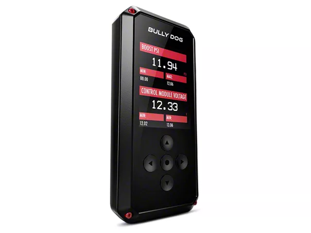 Bully Dog handheld performance tuner for a pickup truck, featuring a color display for custom engine tuning, diagnostics, and live performance monitoring.