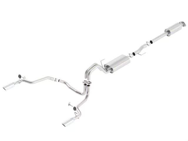 Borla Touring cat-back exhaust system for a Ford F-150 EcoBoost, featuring stainless steel tubing, dual mufflers, split rear-exit piping, and polished exhaust tips.