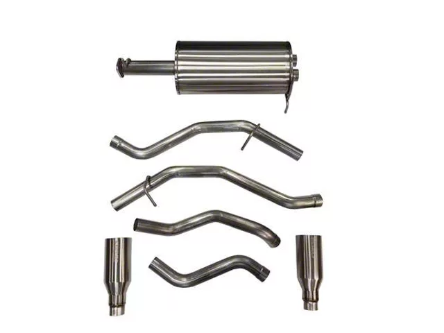 Corsa Performance cat-back exhaust system for a Ram 1500, featuring stainless steel tubing, a performance muffler, rear-exit dual exhaust, and polished exhaust tips.