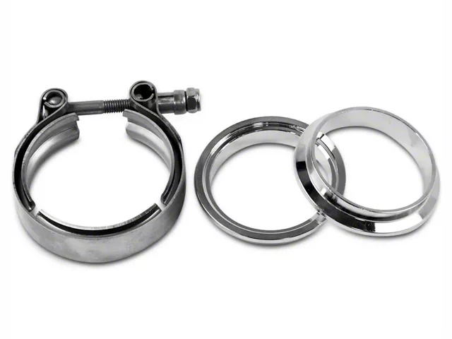 V-band exhaust clamp kit with matching male and female flanges, designed to create a secure, leak-free connection between performance exhaust components.