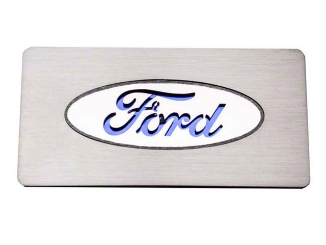 Stainless Ford Oval Logo Glove Box Trim; Blue Carbon Fiber Inlay (09-14 F-150)