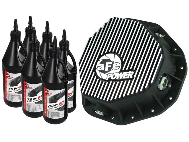 AFE Pro Series Rear Differential Cover with Machined Fins and 75w-90 Gear Oil; Black; AAM 10.50/14 Rear Axles (03-05 5.9L RAM 2500)