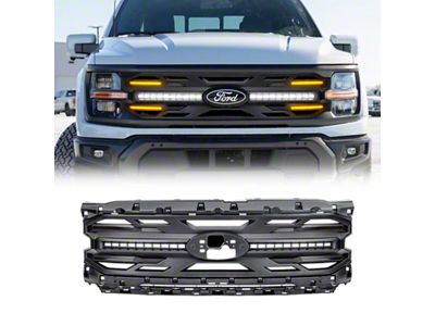 American Modified Armor Upper Replacement Grille with DRL Lights, Amber Lights and Emblem Base; Matte Black (24-25 F-150 Tremor)