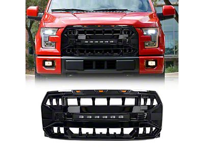 Meautopart Front Bumper Mesh Upper Grille For 2015-2017 Ford F-150 – Matte Black With LED Bar & Amber Signal Lights