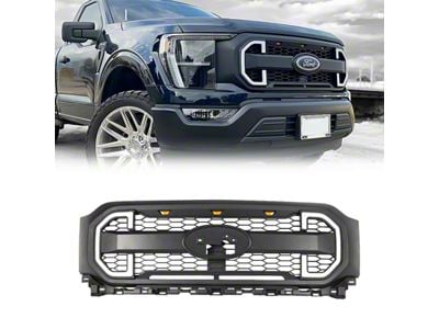 American Modified Raptor Style Mesh Upper Replacement Grille with DRL and Turn Signal Lights; Matte Black (21-23 F-150, Excluding Raptor)
