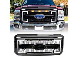 American Modified Raptor Style Mesh Upper Replacement Grille with Emblem Base, DRL and Turn Signal Lights; Gloss Black (11-16 F-250 Super Duty)
