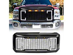 American Modified Raptor Style Mesh Upper Replacement Grille with DRL and Turn Signal Lights; Gloss Black (11-16 F-350 Super Duty)