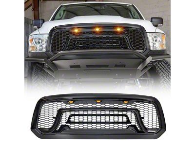 American Modified Rebel Style Upper Replacement Grille with Amber Lights; Glossy Black (13-18 RAM 1500)