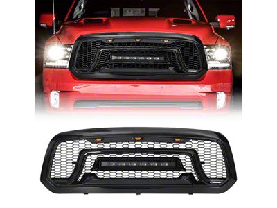 American Modified Rebel Style Upper Replacement Grille with Amber and Off-Road Lights; Glossy Black (13-18 RAM 1500)