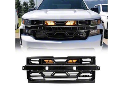 American Modified Armor Upper Replacement Grille with Amber Lights and Emblem Base; Glossy Black (19-21 Silverado 1500 High Country, LT, LT Trail Boss, LTZ, RST; 2022 Silverado 1500 LTD High Country, LT, LT Trail Boss, LTZ, RST)