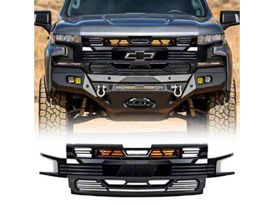 American Modified Armor Upper Replacement Grille with Amber Lights and Emblem Holder; Glossy Black (19-21 Silverado 1500 High Country, LT, LT Trail Boss, LTZ, RST; 2022 Silverado 1500 LTD High Country, LT, LT Trail Boss, LTZ, RST)