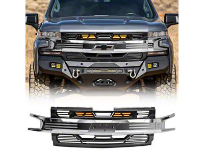 American Modified Armor Upper Replacement Grille with Amber Lights and Emblem Holder; Glossy Black and Chrome (19-21 Silverado 1500 High Country, LT, LT Trail Boss, LTZ, RST; 2022 Silverado 1500 LTD High Country, LT, LT Trail Boss, LTZ, RST)