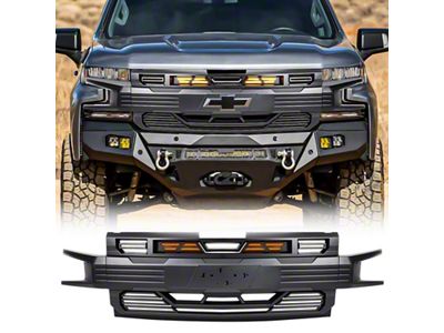 American Modified Armor Upper Replacement Grille with Amber Lights and Emblem Holder; Matte Black (19-21 Silverado 1500 High Country, LT, LT Trail Boss, LTZ, RST; 2022 Silverado 1500 LTD High Country, LT, LT Trail Boss, LTZ, RST)