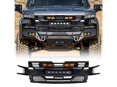 American Modified Armor Upper Replacement Grille with LED Off-Road Lights; Glossy Black (19-21 Silverado 1500 High Country, LT, LT Trail Boss, LTZ, RST; 2022 Silverado 1500 LTD High Country, LT, LT Trail Boss, LTZ, RST)