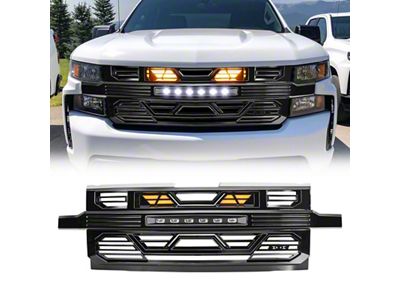 American Modified Armor Upper Replacement Grille with Amber Lights and Off-Road Lights; Glossy Black (19-21 Silverado 1500 High Country, LT, LT Trail Boss, LTZ, RST; 2022 Silverado 1500 LTD High Country, LT, LT Trail Boss, LTZ, RST)