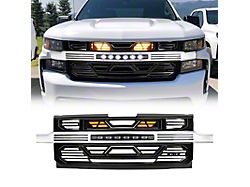 American Modified Armor Upper Replacement Grille with Amber Lights and Off-Road Lights; Glossy Black and Chrome (19-21 Silverado 1500 High Country, LT, LT Trail Boss, LTZ, RST; 2022 Silverado 1500 LTD High Country, LT, LT Trail Boss, LTZ, RST)