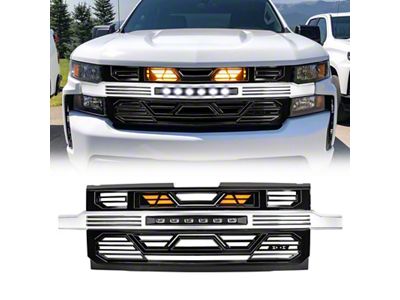 American Modified Armor Upper Replacement Grille with Amber Lights and Off-Road Lights; Glossy Black and Chrome (19-21 Silverado 1500 High Country, LT, LT Trail Boss, LTZ, RST; 2022 Silverado 1500 LTD High Country, LT, LT Trail Boss, LTZ, RST)