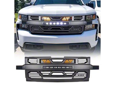 American Modified Armor Upper Replacement Grille with Amber Lights and Off-Road Lights; Matte Black (19-21 Silverado 1500 High Country, LT, LT Trail Boss, LTZ, RST; 2022 Silverado 1500 LTD High Country, LT, LT Trail Boss, LTZ, RST)