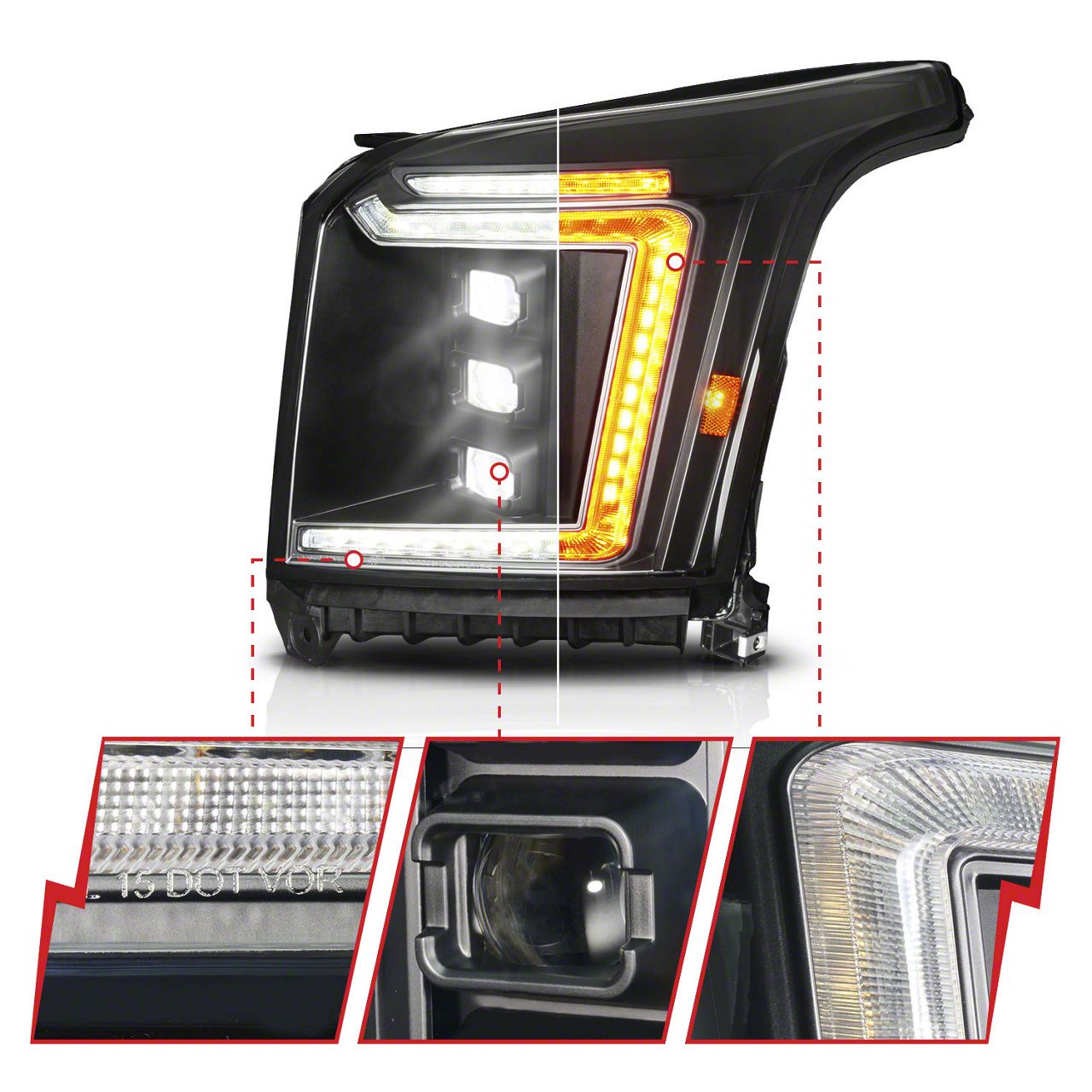 2015-2020 GMC Yukon Halogen Projector Headlights W/ LED DRL – Driver & Passenger Side, Chrome Housing