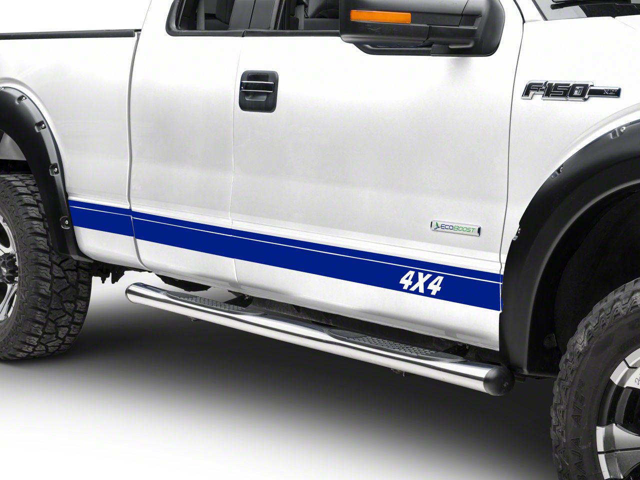 SEC10 F-250 Super Duty Rocker Stripes with 4x4 Logo; Blue T527976