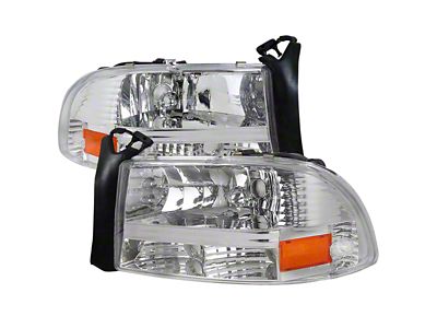 Factory Style Crystal Headlights with Amber Reflector; Chrome Housing; Clear Lens (97-04 Dakota)
