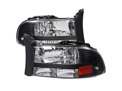 Factory Style Crystal Headlights with Amber Reflector; Matte Black Housing; Clear Lens (97-04 Dakota)