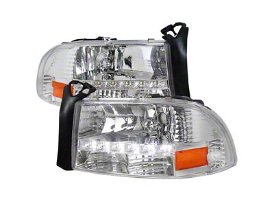 Factory Style Crystal Headlights with Amber Reflector and SMD LED Light Strip; Chrome Housing; Clear Lens (97-04 Dakota)