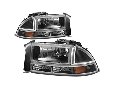 Factory Style Headlights with Amber Corner; Black Housing; Clear Lens (97-04 Dakota)
