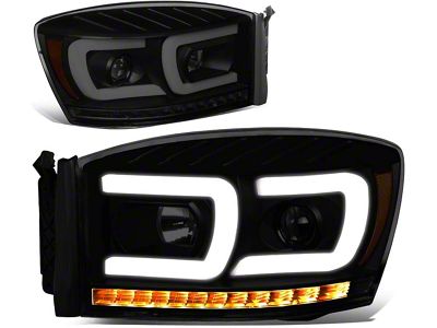 Dual LED DRL Projector Headlight with Amber Corner Lights; Black Housing; Smoked Lens (06-08 RAM 1500)