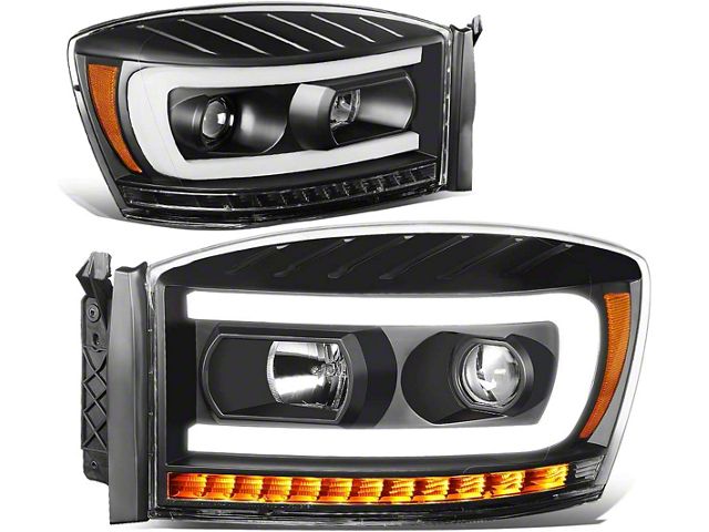 LED DRL Projector Headlights with Amber Corner Lights; Black Housing; Clear Lens (06-08 RAM 1500)
