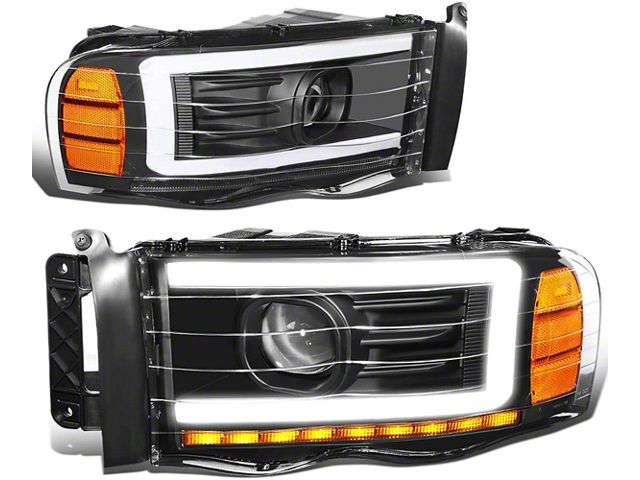 LED DRL Projector Headlights with Amber Corner Lights; Black Housing; Clear Lens (02-05 RAM 1500)