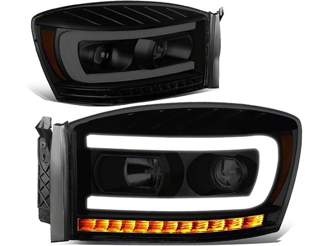 LED DRL Projector Headlights with Amber Corner Lights; Black Housing; Smoked Lens (06-08 RAM 1500)