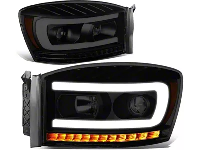 LED DRL Projector Headlights with Amber Corner Lights; Black Housing; Smoked Lens (06-08 RAM 1500)