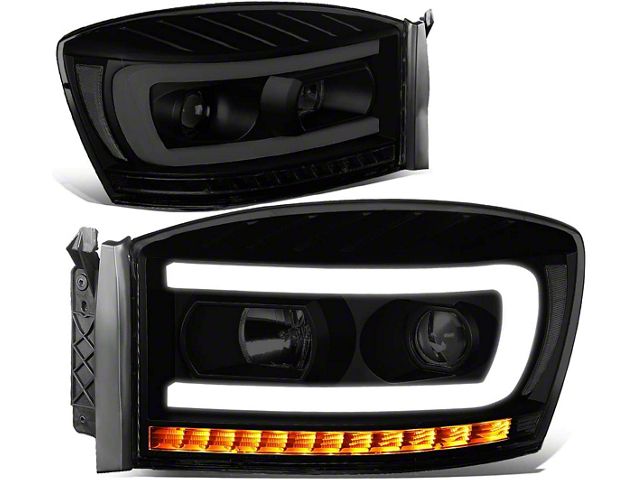 LED DRL Projector Headlights with Clear Corner Lights; Black Housing; Smoked Lens (06-08 RAM 1500)