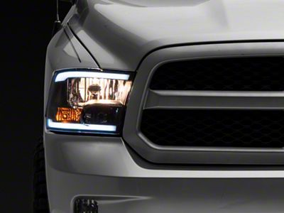 Raxiom Axial Series Headlights with LED Bar; Black Housing; Clear Lens (09-18 RAM 1500 w/ Factory Halogen Non-Projector Headlights)